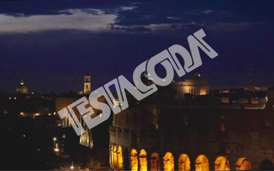 Pan of evening sky over ancient Rome together with the Forums and the Colosseum