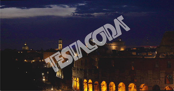 Pan of evening sky over ancient Rome together with the Forums and the Colosseum