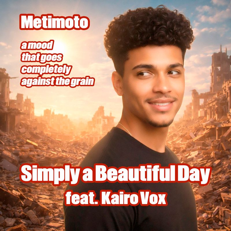 Cover art of "Simply a beautiful day", showing a man smiling with a city in ruins in the background
